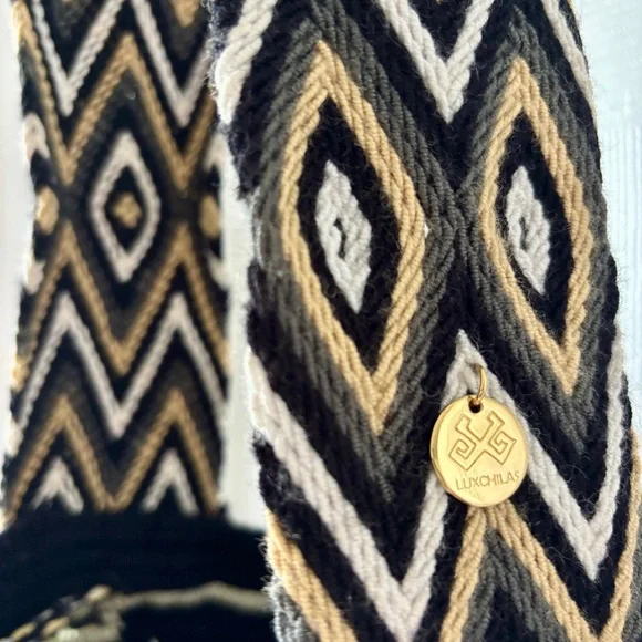 🥰3 for $30🥰Black Gold Crochet Geometric Patterned Boho Shoulder/Bucket/Hobo Bag - Picture 5 of 12
